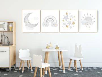 Nursery wall art grey, gray gold nursery, baby room decor, gender neutral nursery ideas, rainbow