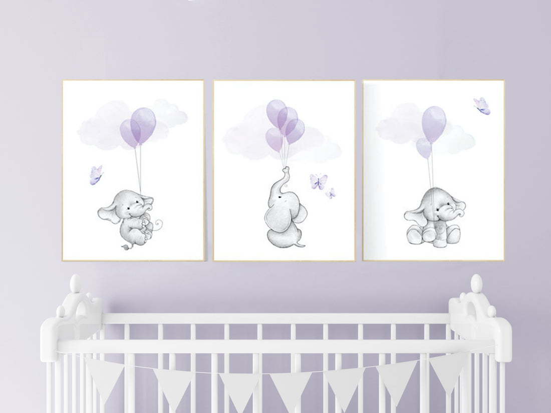 Nursery decor girl purple, elephant nursery, lavender, lilac, elephant balloons, girl nursery ideas