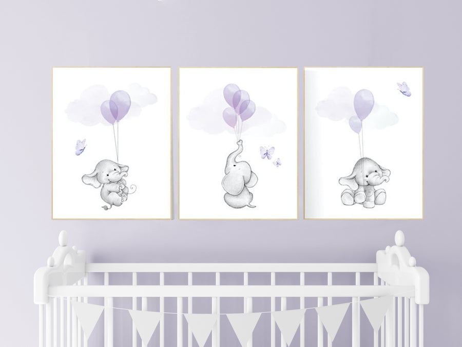 Nursery decor girl purple, elephant nursery, lavender, lilac, elephant balloons, girl nursery ideas