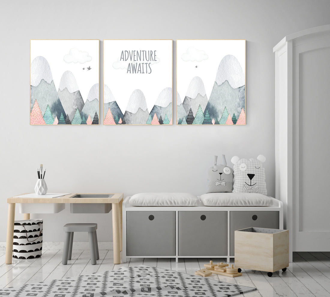 Nursery decor mountain, adventure nursery, adventure theme nursery, woodland, gender neutral