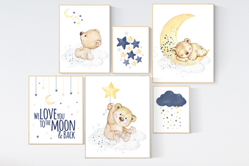 Nursery decor, bear nursery, navy yellow gray, gender neutral nursery, navy Blue, moon and stars