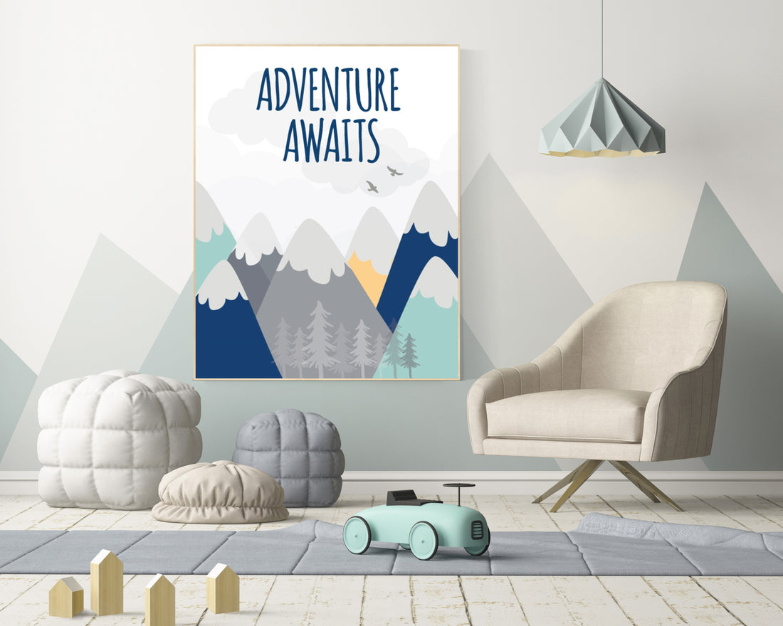 Nursery decor adventure, mountain nursery wall art, woodland, adventure awaits, neutral nursery