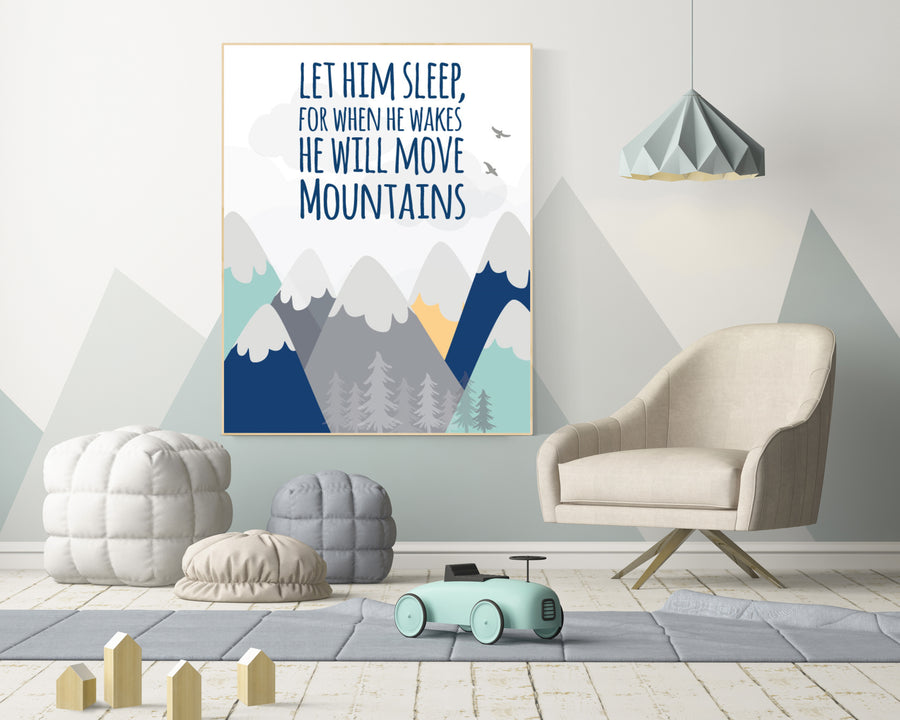 Nursery decor adventure, mountain nursery wall art, woodland, let him sleep for when he wakes