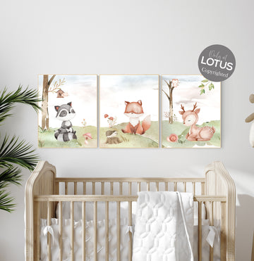 Woodland nursery decor, animals prints, woodland themed nursery, nursery art woodland