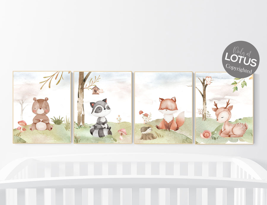 Woodland nursery decor, animals prints, woodland themed nursery, nursery art woodland