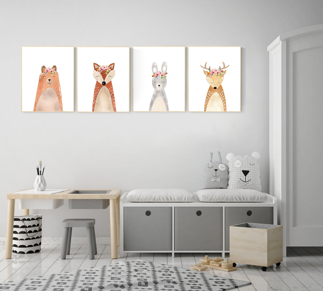 Woodland nursery decor, nursery wall art woodland animals, forest animal prints, girl nursery ideas