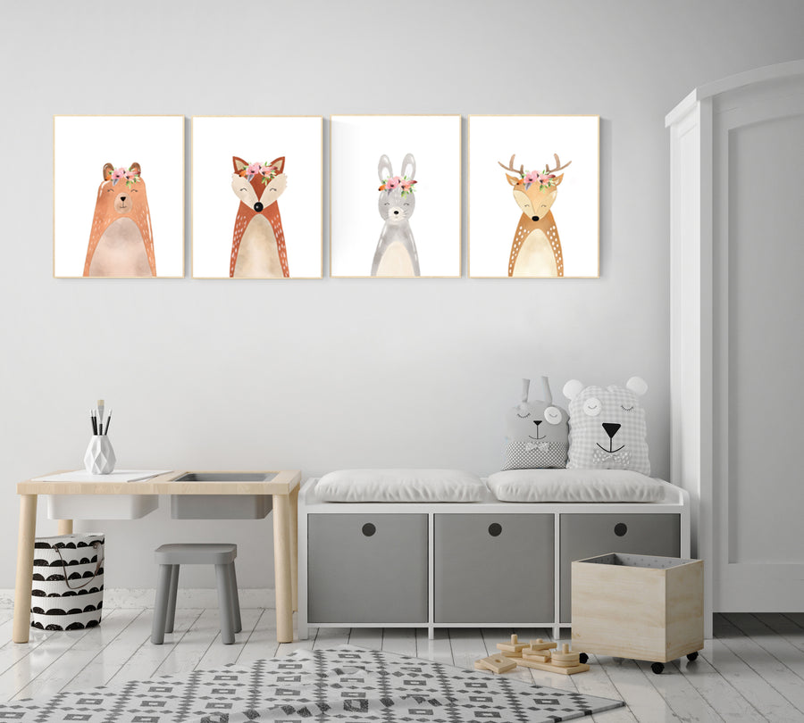 Woodland nursery decor, nursery wall art woodland animals, forest animal prints, girl nursery ideas
