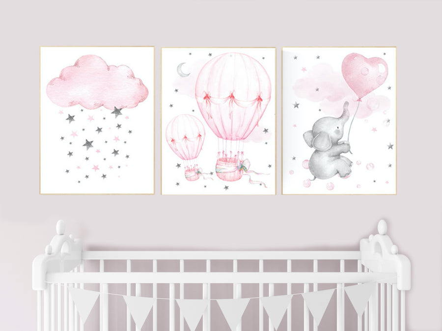 Elephant nursery, hot air balloon, Nursery decor girl, nursery wall art, pink grey, cloud and stars