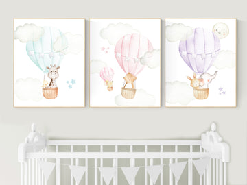 Nursery decor safari animals, hot air balloon, elephant and giraffe, gender neutral, twin nursery