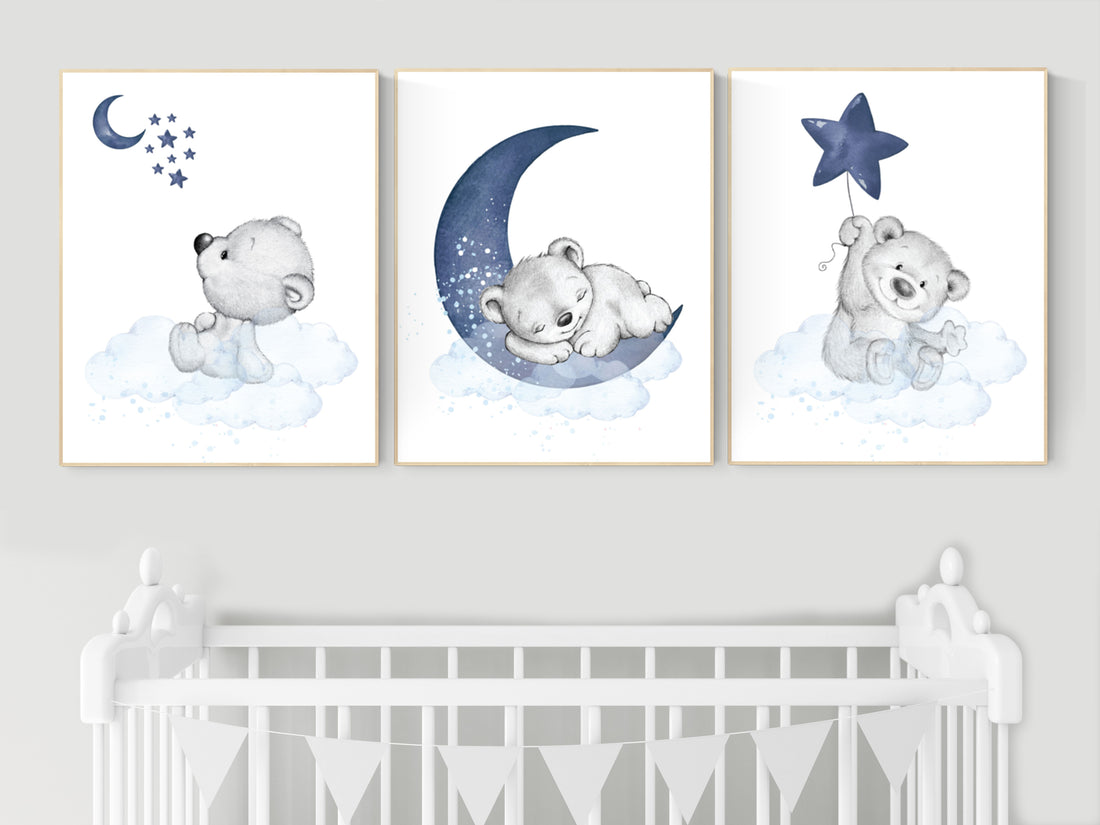 Nursery decor bear, nursery decor boy, bear nursery print, navy blue, teddy bear decor, nursery art