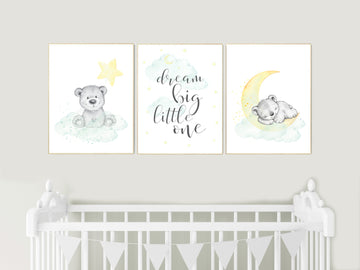 Mint and yellow nursery, bear nursery, nursery wall art neutral, moon and stars, baby room decor