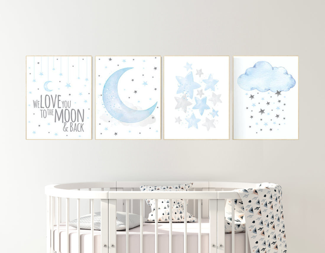 Nursery decor boy, cloud, moon, stars, we love you to the moon and back, cloud, blue grey, blue grey