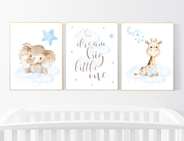 Nursery wall art animals, baby room decor blue, baby room decor, elephant, giraffe, animal prints