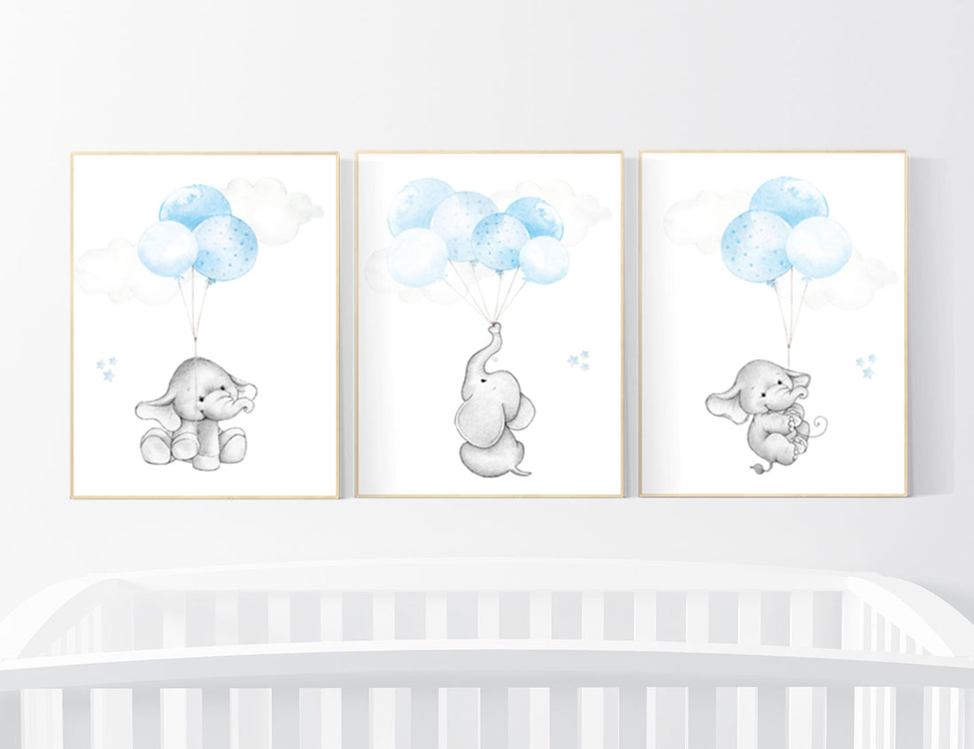 Blue nursery decor, elephant nursery wall art, nursery decor boy elephant, animal prints, baby room