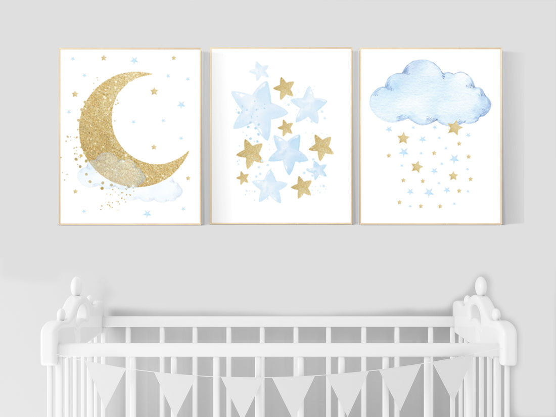 Nursery decor boy, blue and gold nursery, cloud, moon, stars, blue nursery wall art, boy nursery art