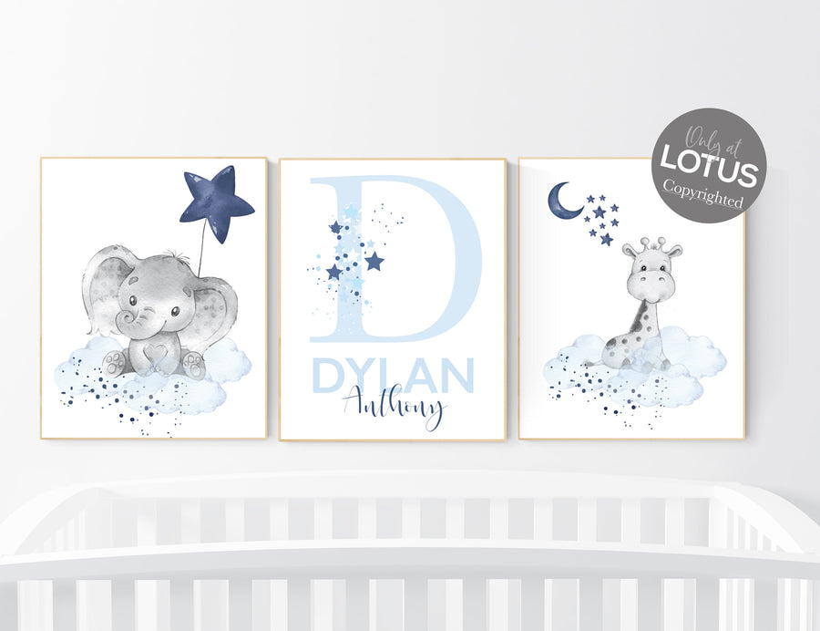 Nursery decor boy, navy blue nursery, elephant and giraffe, nursery wall art boy