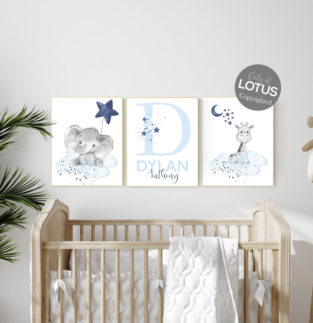 Nursery decor boy, navy blue nursery, elephant and giraffe, nursery wall art boy