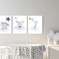 Nursery decor animals, elephant, bunny, giraffe, animal nursery prints, navy blue nursery, baby room
