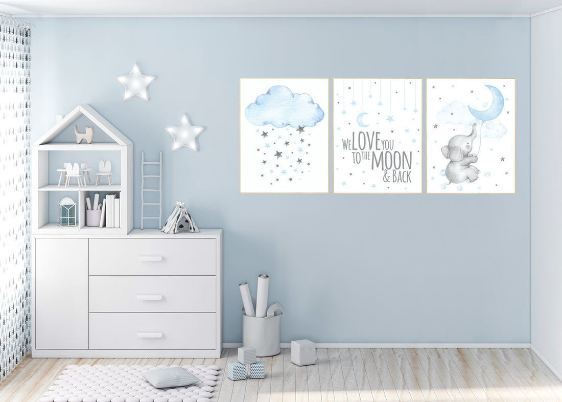 Nursery decor boy elephant, blue gray, grey, moon and cloud, we love you to the moon and back