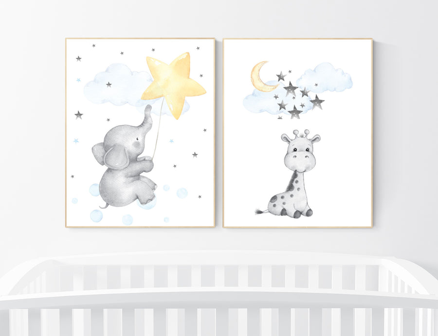 Elephant nursery art, giraffe nursery, blue yellow nursery, neutral nursery prints, cloud nursery