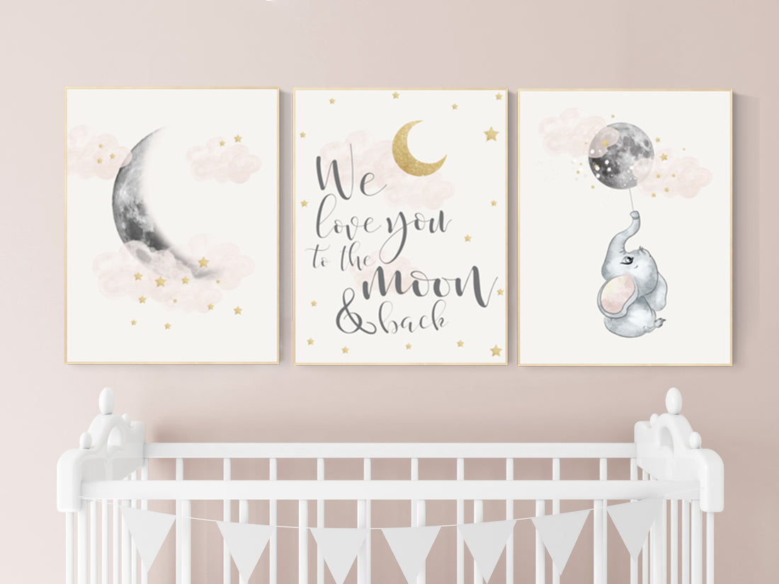 Nursery decor girl, blush gold, moon nursery wall art, elephant wall decor, we love you to the moon