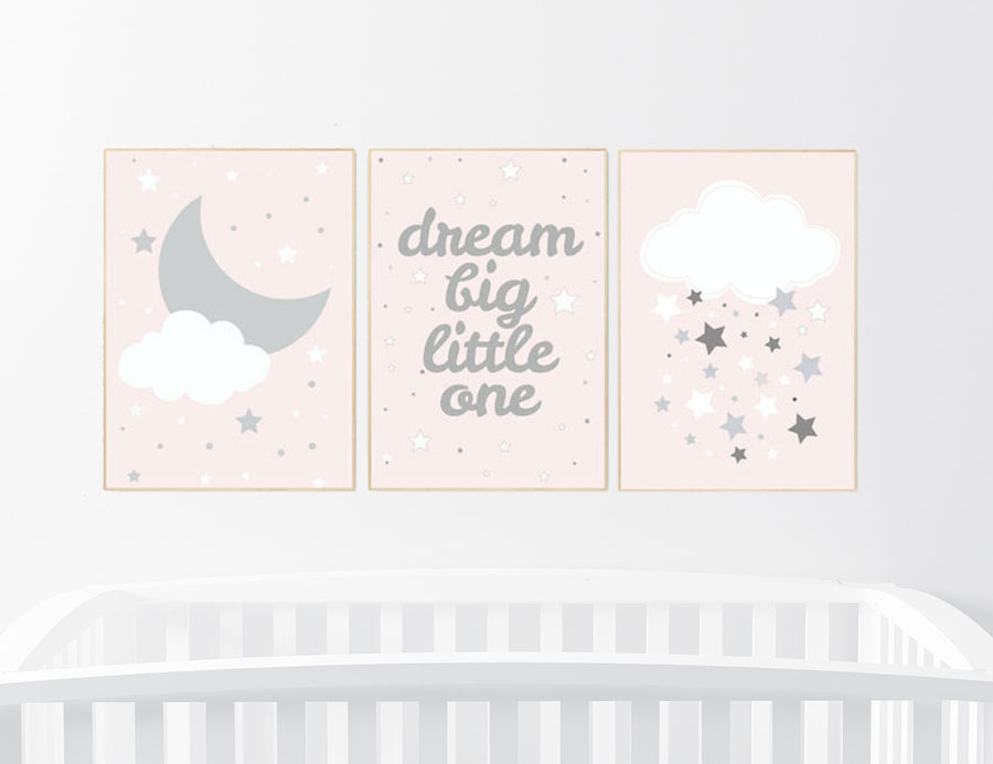 Blush nursery decor, dream big little one, moon, cloud, stars, pale pink, girl nursery room ideas