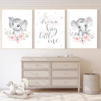 Nursery decor girl flower, blush, elephant nursery wall art, nursery decor girl floral, woodland