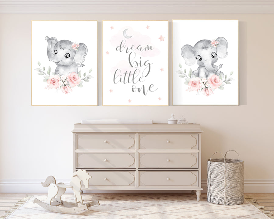 Nursery decor girl flower, blush, elephant nursery wall art, nursery decor girl floral, woodland