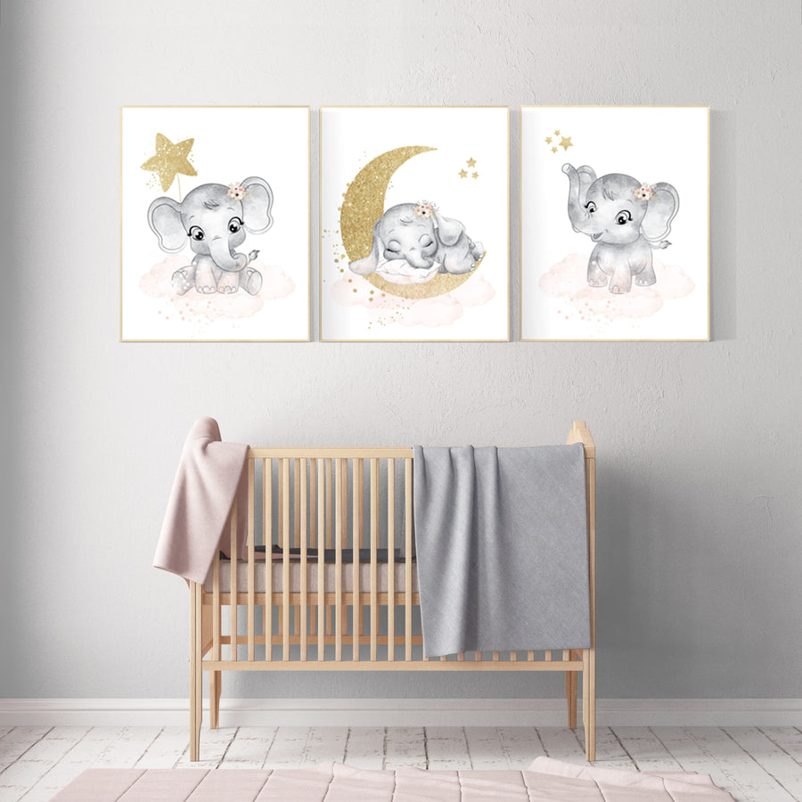Nursery wall art girl elephant, Blush pink, flower nursery decor, blush gold nursery