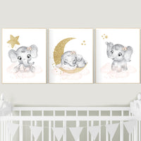 Nursery wall art girl elephant, Blush pink, flower nursery decor, blush gold nursery