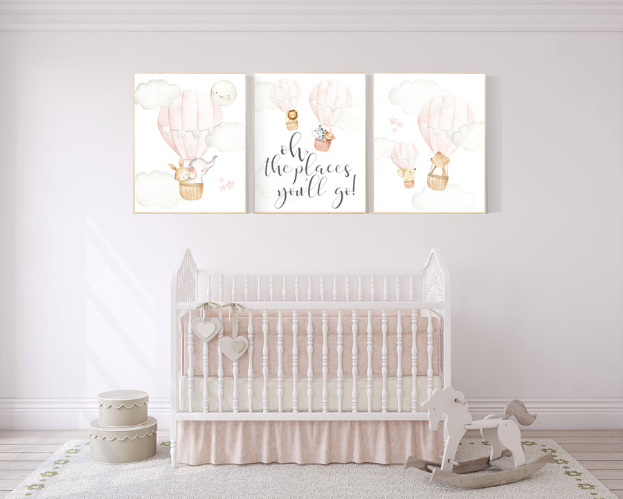 Nursery decor girl blush pink, nursery wall art hot air balloon, animal prints, nursery wall decor
