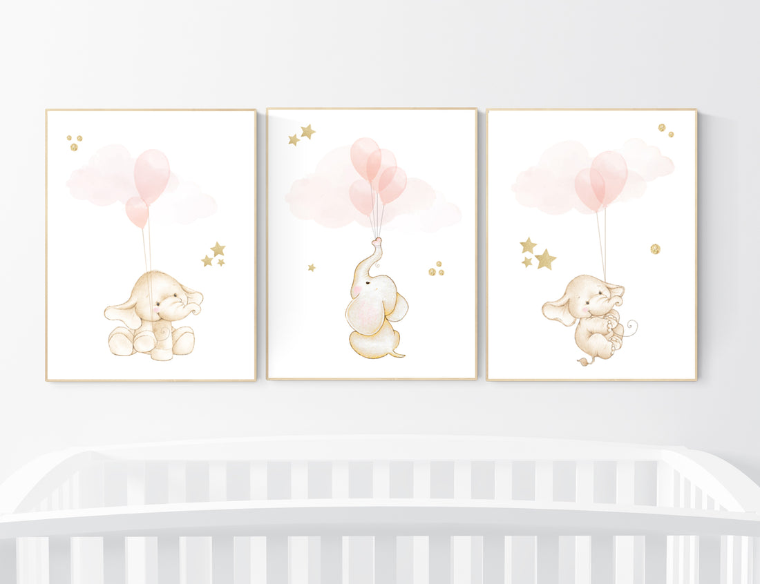 Nursery wall art girl, Blush pink nursery decor, blush gold nursery, nursery decor elephant, peach