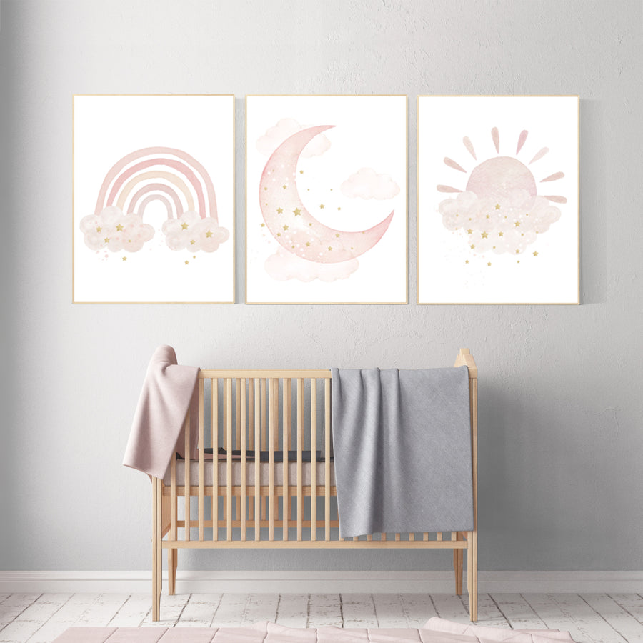 Nursery prints rainbow, blush Nursery decor girl, blush gold nursery wall art, blush pink, moon star