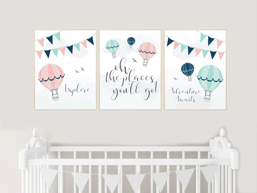 Blush, mint, navy, nursery wall art, hot air balloon nursery, set of 3, nursery decor, nursery print