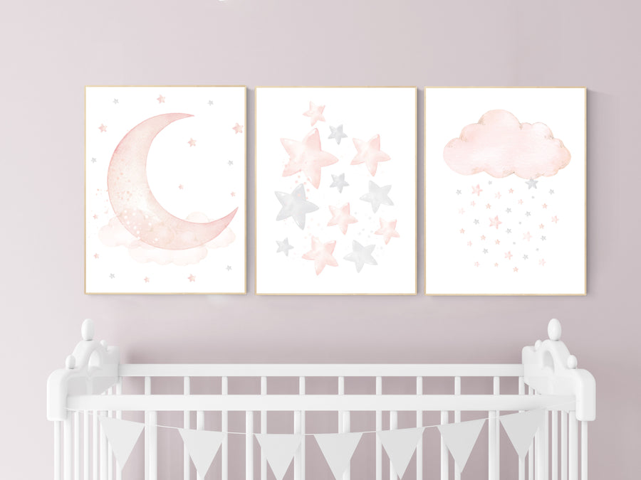 Nursery decor girl, Blush pink, cloud, stars, moon, blush nursery wall art, girls nursery wall decor
