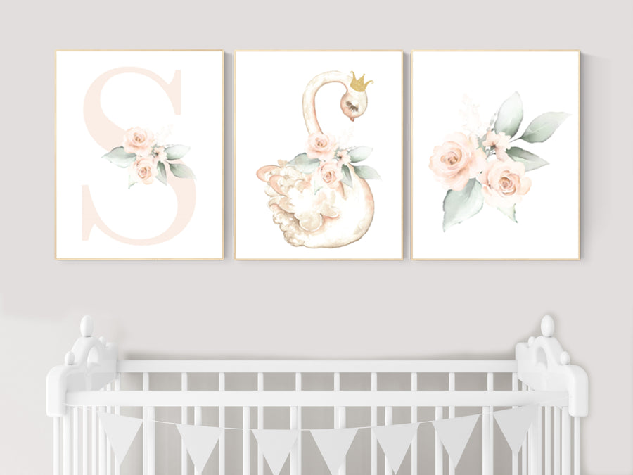 Nursery decor girl blush pink, swan nursery wall art, blush nursery, floral nursery, swan print