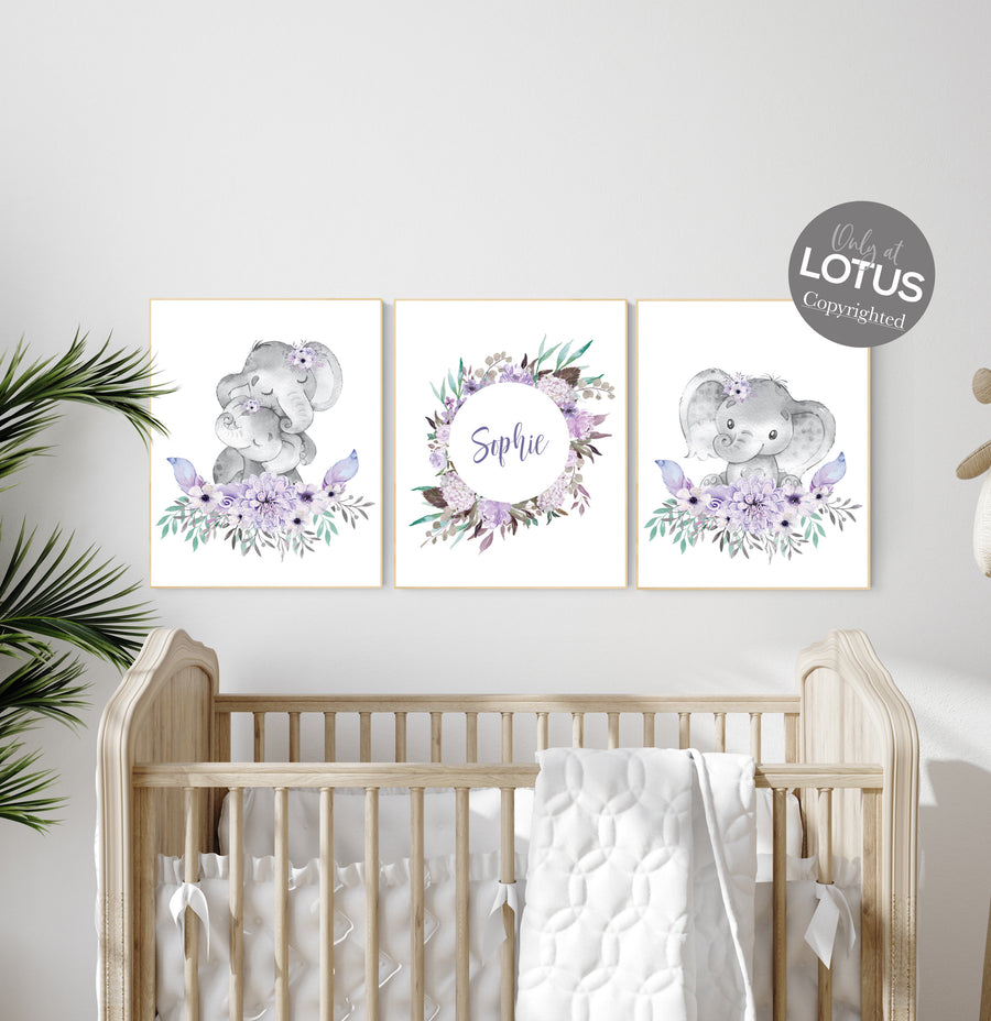 Purple teal nursery, Boho baby room, nursery wall art elephant, nursery decor girl
