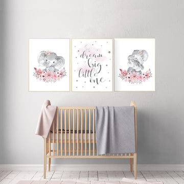 Nursery decor girl boho, elephant nursery wall art, nursery decor girl floral, girl nursery ideas