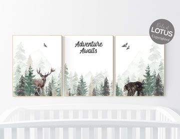 Woodland nursery prints, nursery wall art, forest wall art, green nursery decor