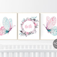 Nursery decor girl butterfly, pink and teal nursery, pink teal nursery, girl room prints