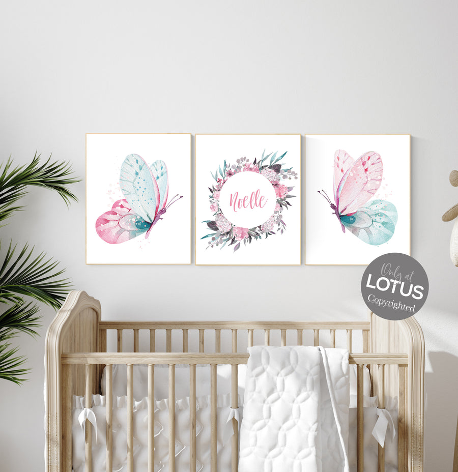 Nursery decor girl butterfly, pink and teal nursery, pink teal nursery, girl room prints