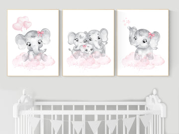 Nursery wall art girl elephant, Nursery decor girl pink and gray, girl nursery ideas, pink grey