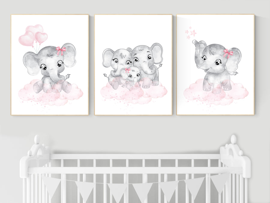 Nursery wall art girl elephant, Nursery decor girl pink and gray, girl nursery ideas, pink grey