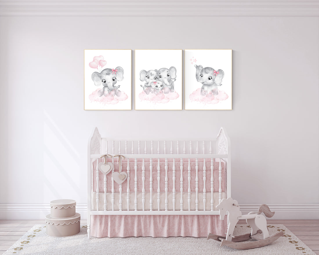 Nursery wall art girl elephant, Nursery decor girl pink and gray, girl nursery ideas, pink grey