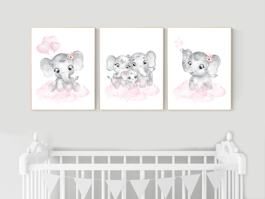 Nursery decor girl pink and gray, Elephant nursery wall art, girl nursery ideas, pink grey