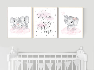 Elephant nursery, nursery wall art girl pink and gray, nursery decor girl, dream big little one