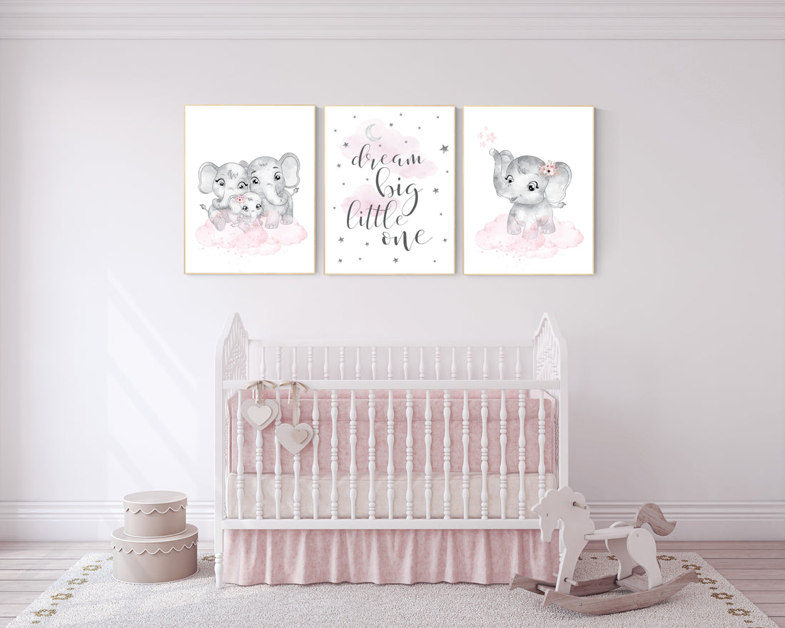 Elephant nursery, nursery wall art girl pink and gray, nursery