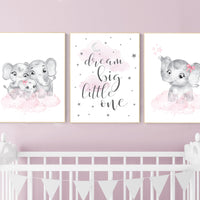 Elephant nursery, nursery wall art girl pink and gray, nursery decor girl, dream big little one
