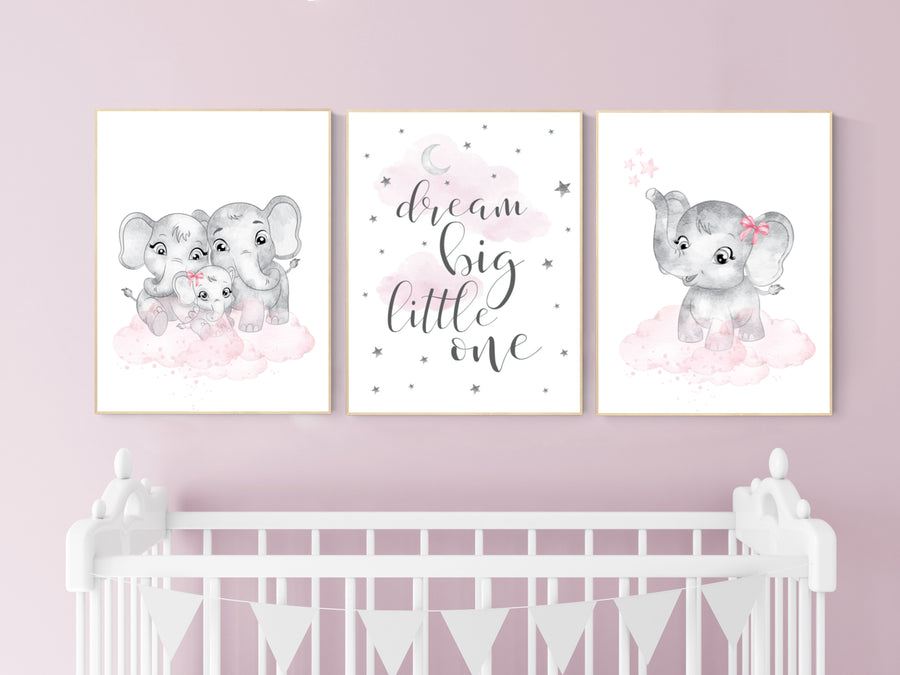 Elephant nursery, nursery wall art girl pink and gray, nursery decor girl, dream big little one