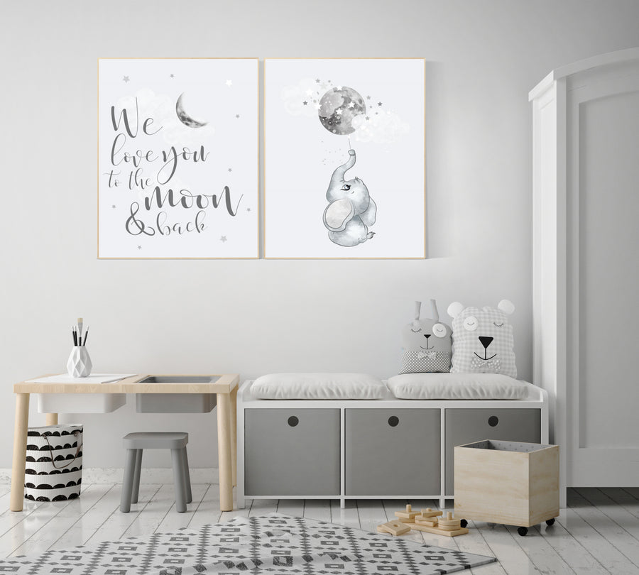 Nursery wall art grey, gray nursery, moon nursery, elephant, gender neutral nursery decor